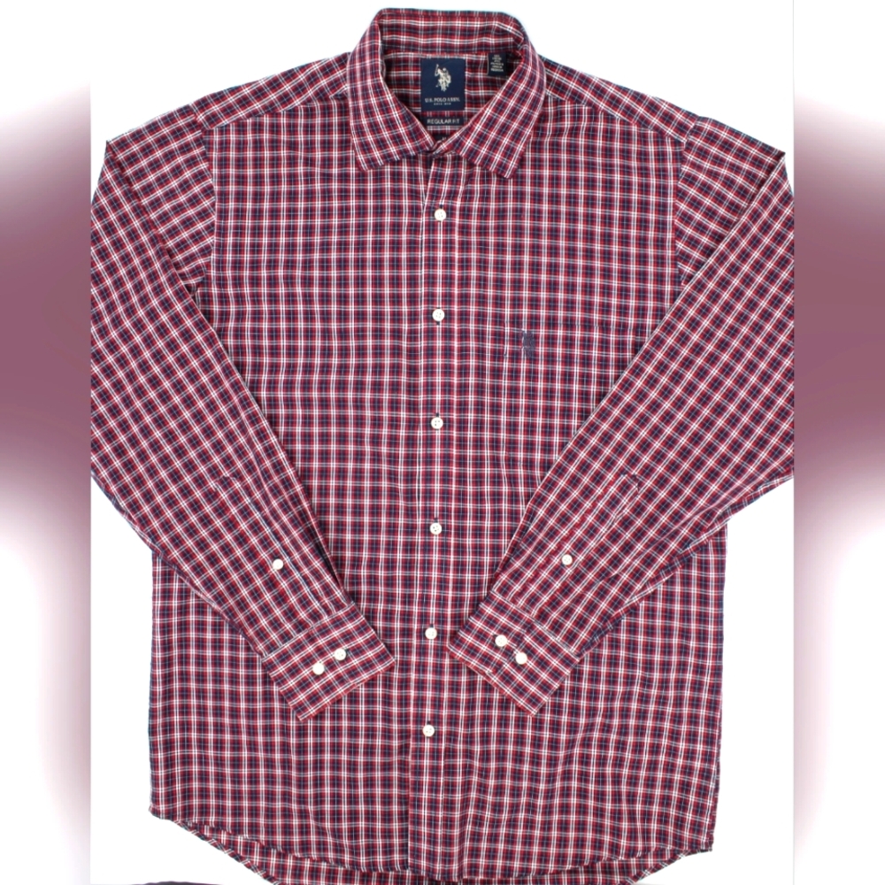 Men’s Medium Plaid Button-Up Shirt Navy Red 15-15 1/2